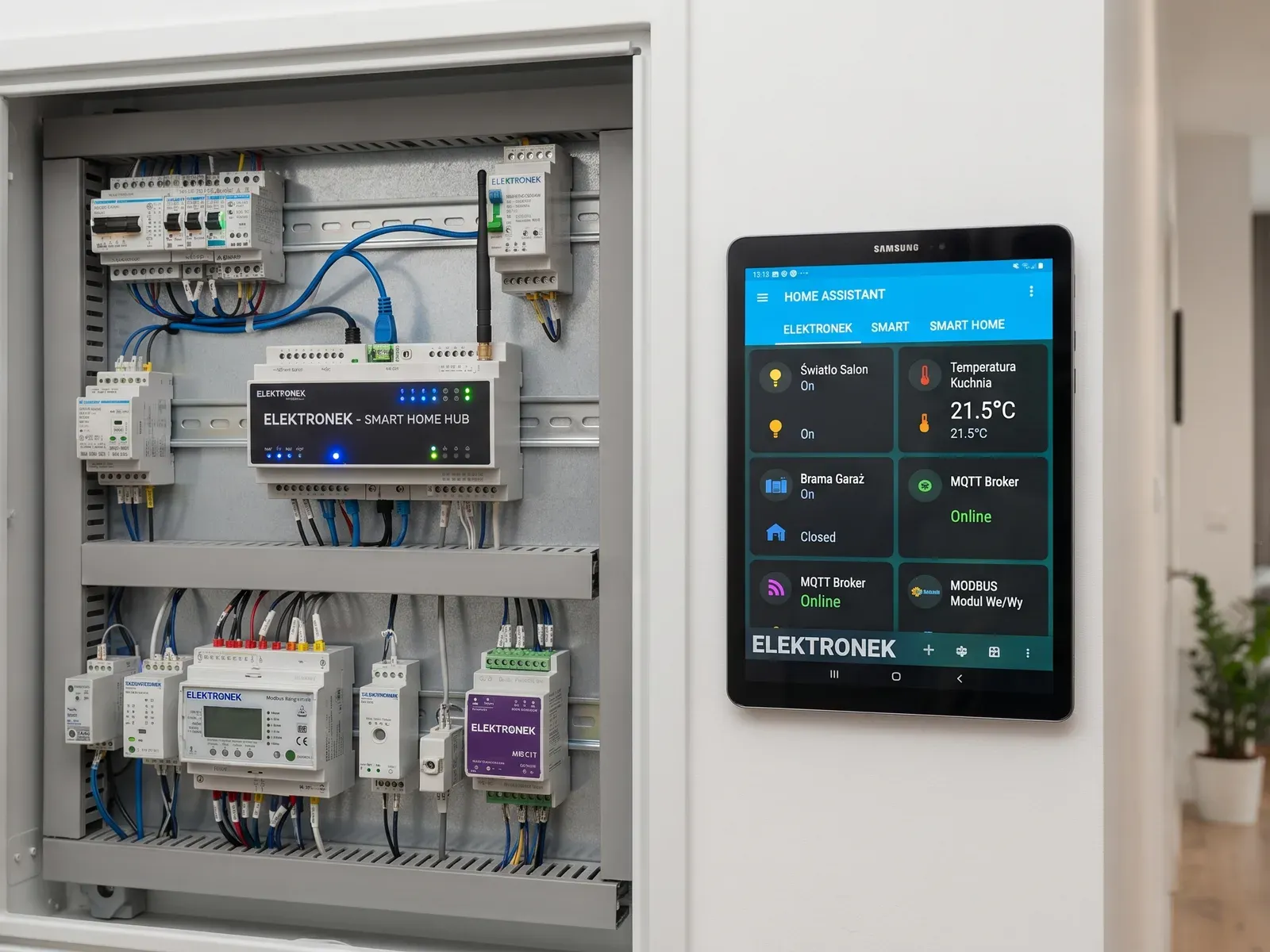 Rozdzielnica z modułami Elektronek i panel Home Assistant na tablecie