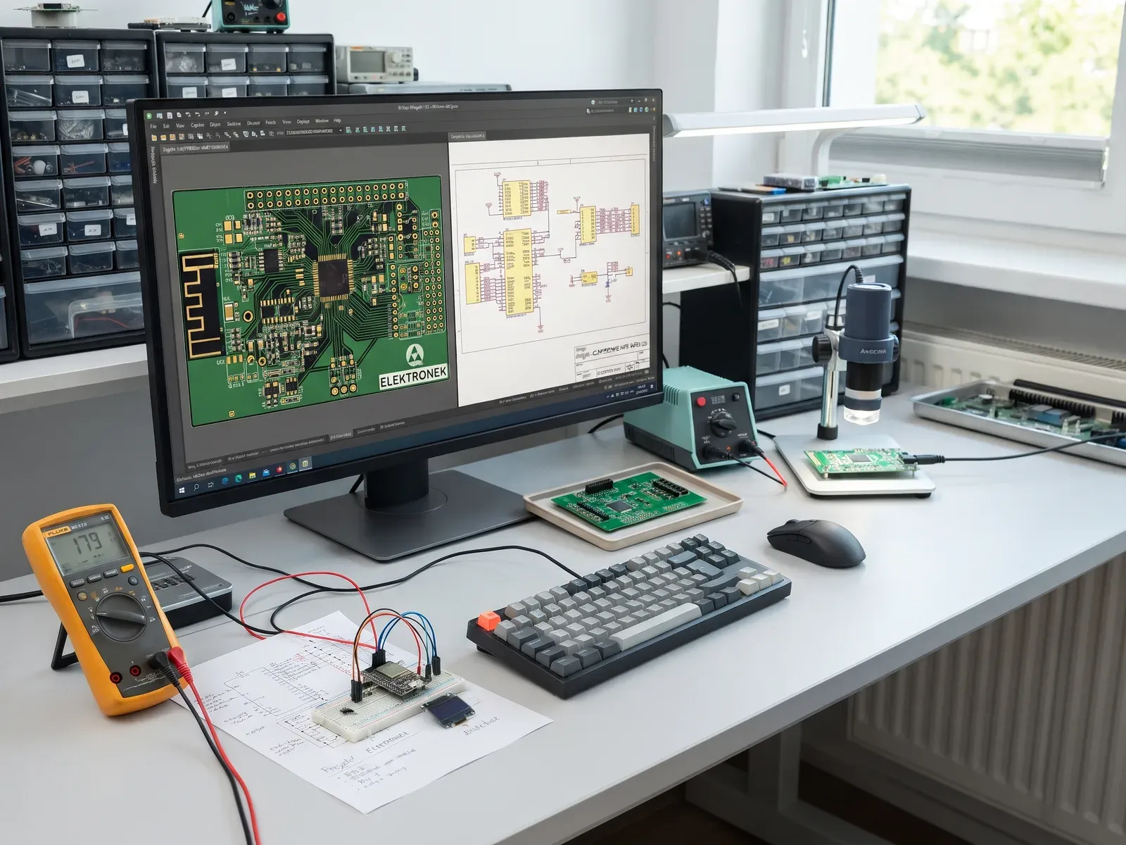 Stanowisko projektowe z projektem płytki PCB i schematem na monitorze