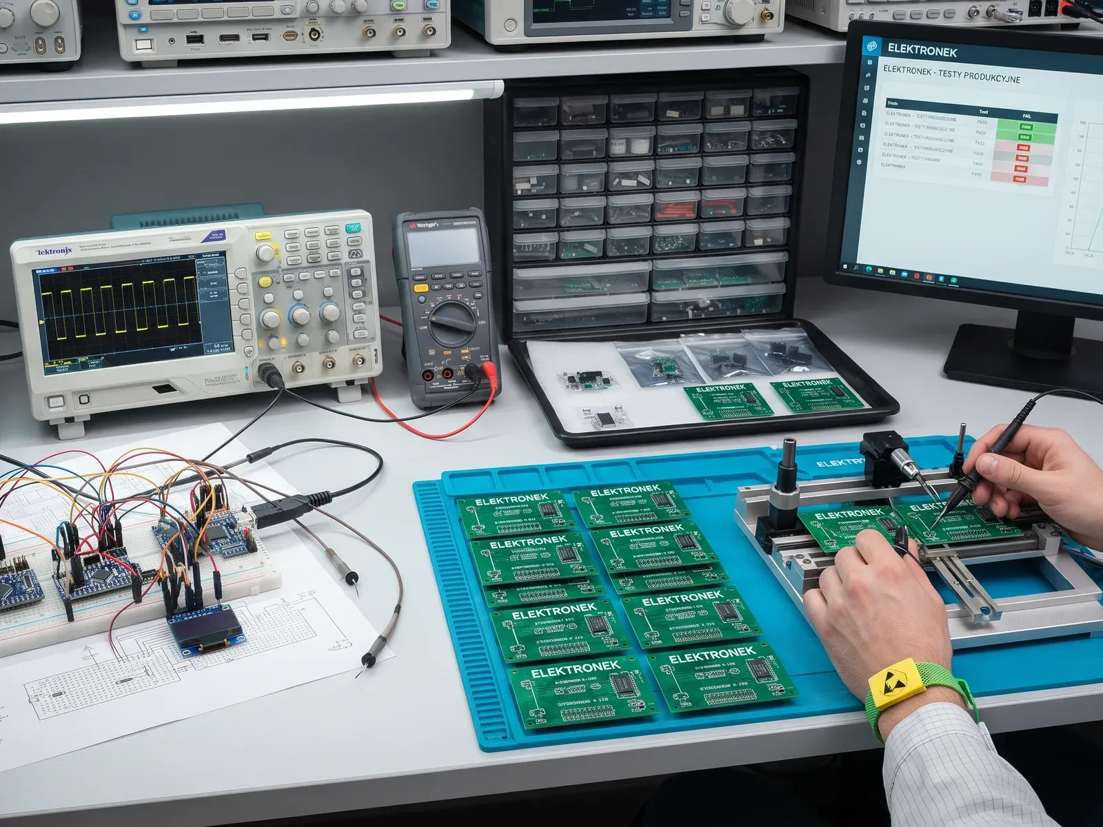 Montaż i testy płytek Elektronek przy stanowisku z oscyloskopem