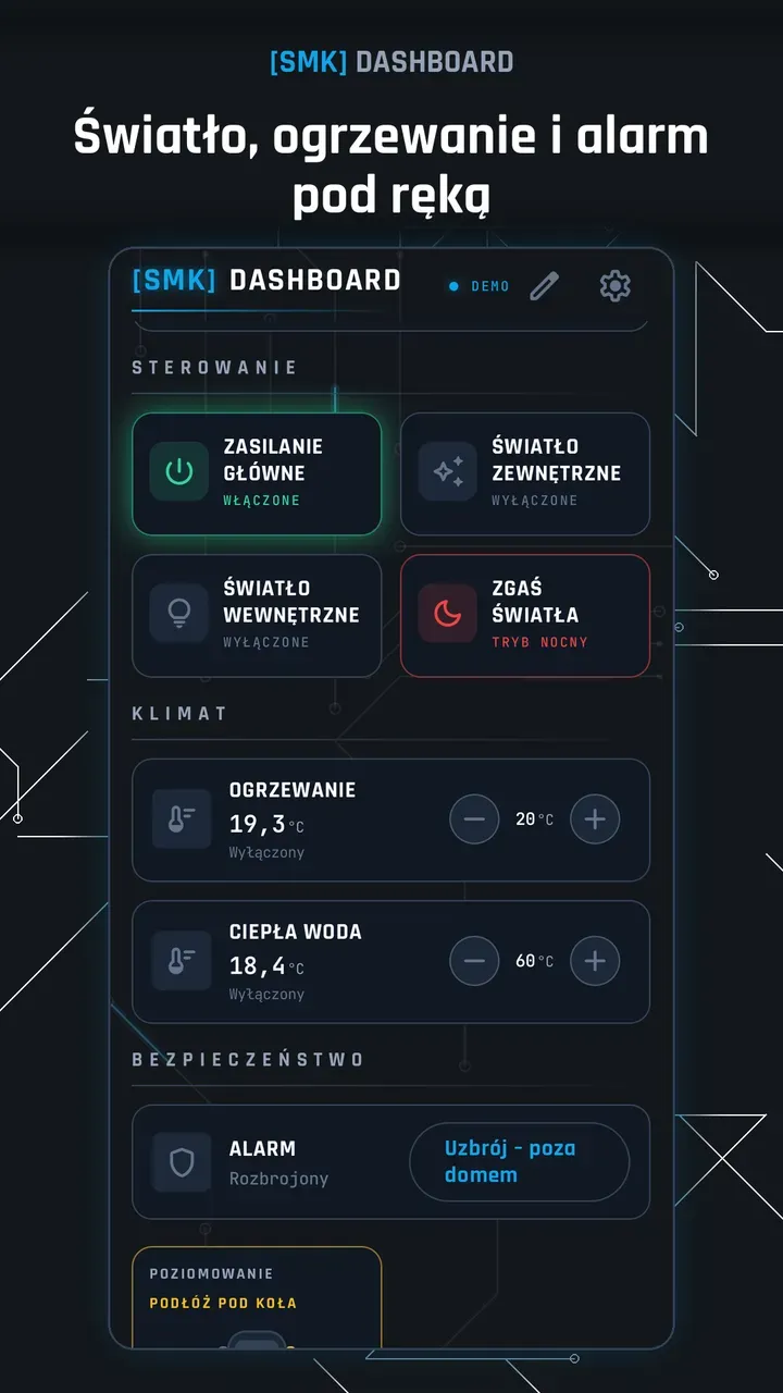 Ekran sterowania światłem, ogrzewaniem i alarmem w aplikacji [SMK] Dashboard